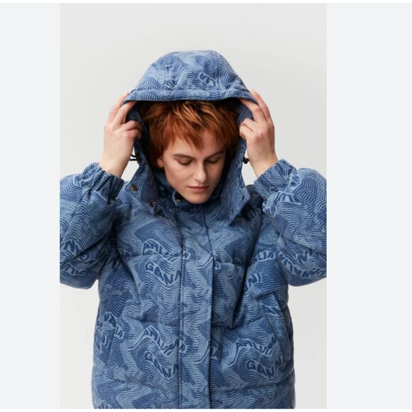 NWT GANNI PRINTED LASER DENIM EMBROIDERED PUFFER JACKET COAT IN BLUE - XXS / XS - Picture 2 of 9